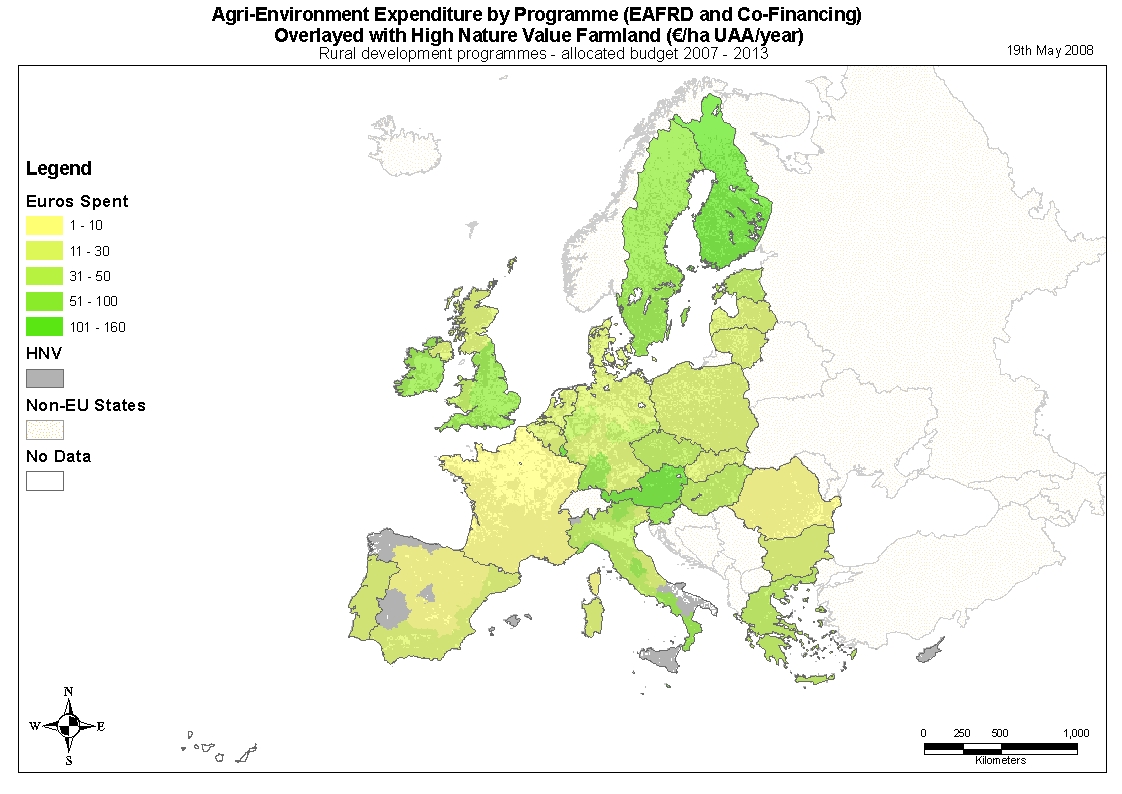 Map Showing Intensity of Expenditure on the Agri-environment Measure Overlaid with the EEA/DG JRC Preliminary Map of HNV Farmland for the EU-27